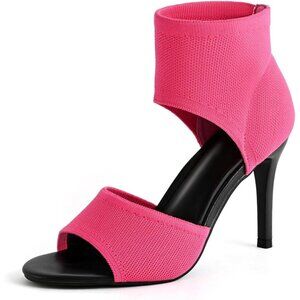 Hot Pink 3 Inches Peep Toe Synthetic Stiletto Stretchy Heeled Sandals for Women